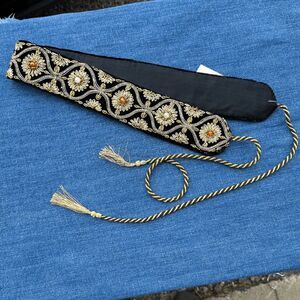 Vintage Hand-Embroidered Velvet Belt Gold & Silver Zardozi India Tassel Ties